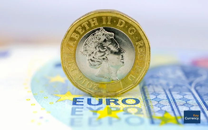 Pound coin placed upright on a euro banknote, illustrating the GBP to EUR exchange rate