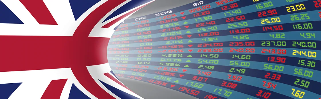 A graphic featuring the flag of the United Kingdom on the left and an exchange rate board featuring different numbers and percentages. 