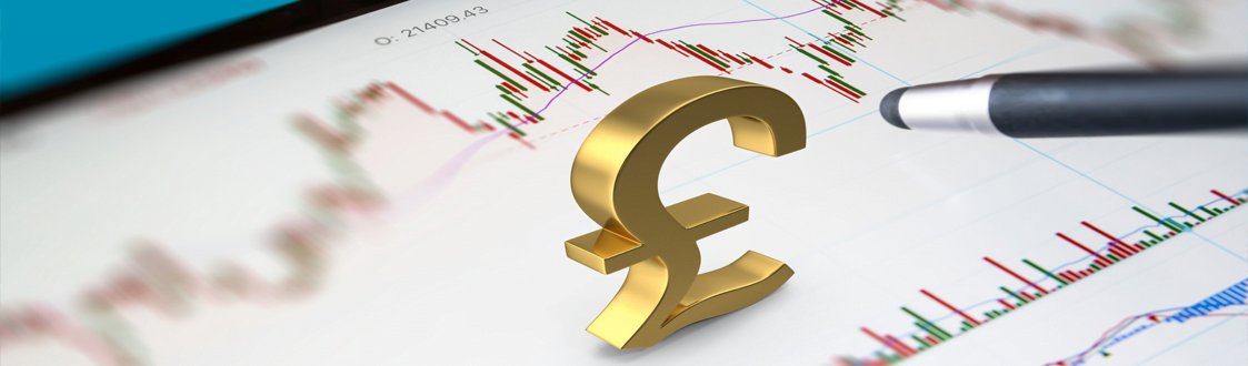 Gold '£' sign on top of foreign exchange graphs and numbers going from red to green. 