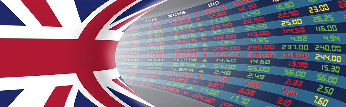 A graphic featuring the flag of the United Kingdom on the left and an exchange rate board featuring different numbers and percentages. 