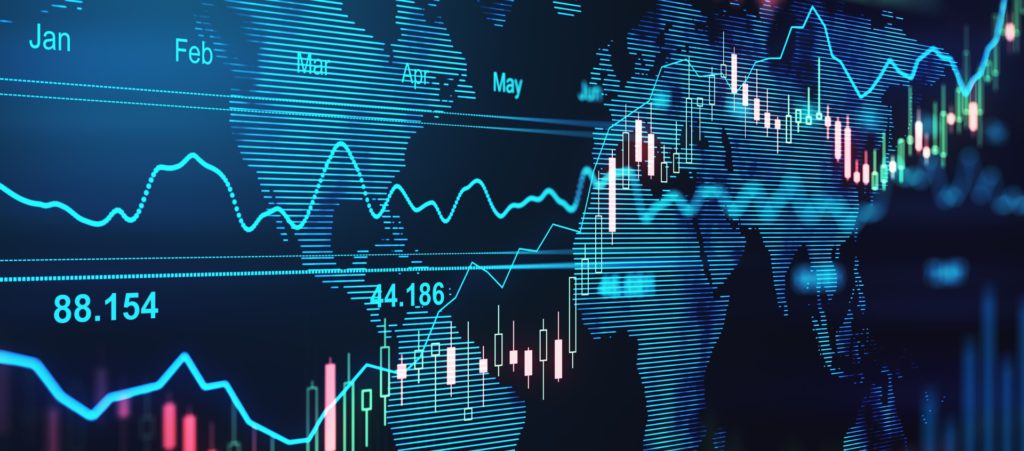 A foreign exchange rate graph with lines and bars showcasing movements and the months of the year. 