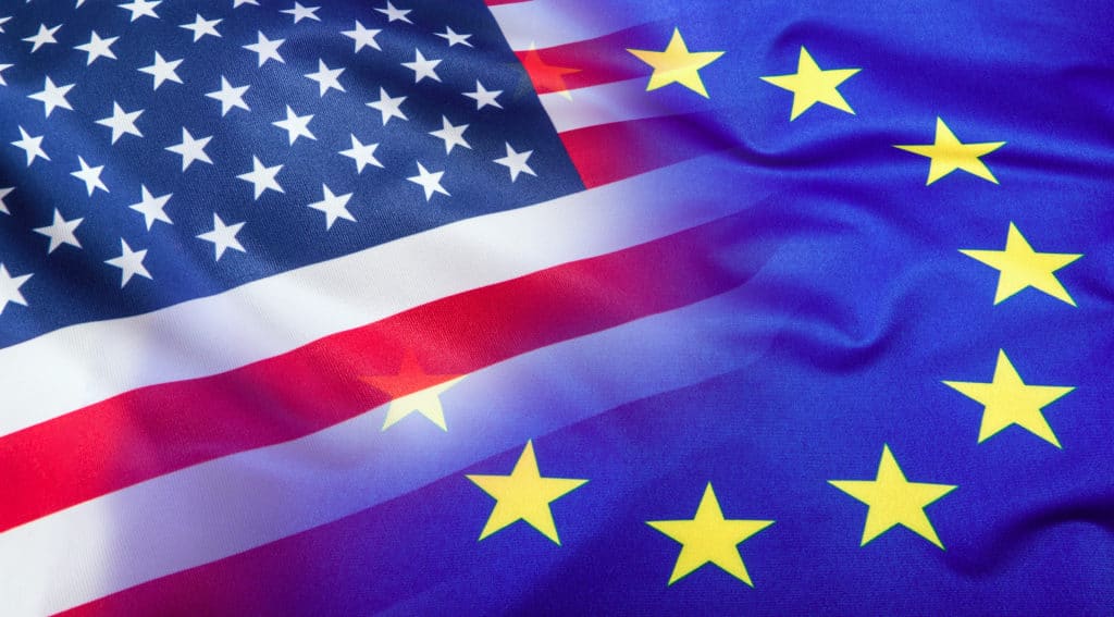 The flags of the USA and European Union side by side. 