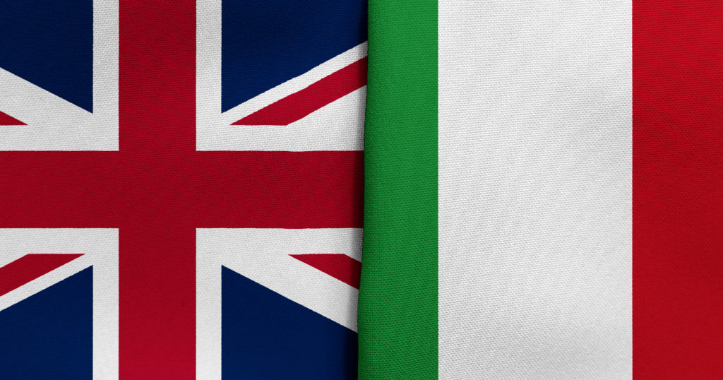 Graphic of the Great Britain flag and Italian flag side by side. 