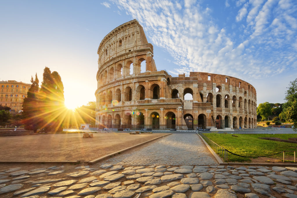 Photo of the Colosseum in Rome, Italy on a sunny day. 