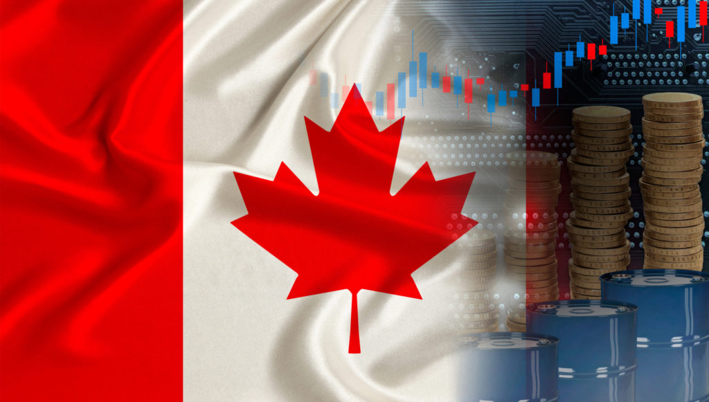 A Canadian flag with financial forecasts and currency coins to the right of the flag. 