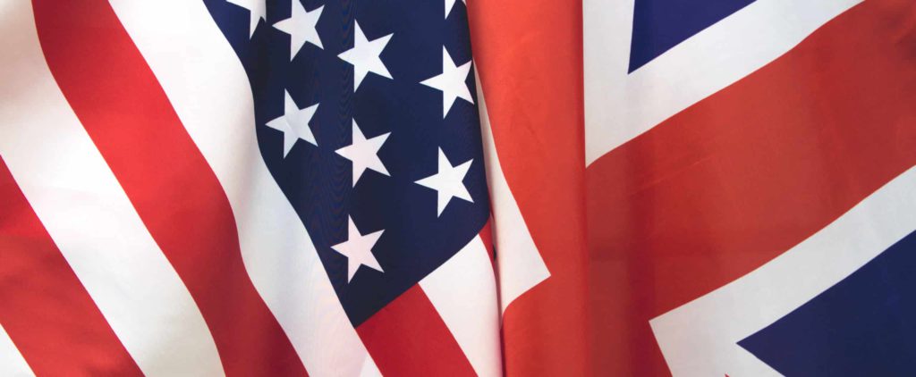 The flags of the USA and UK side by side. 