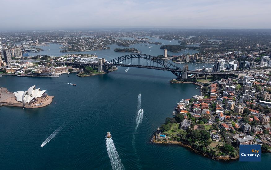Ariel photo of Port Jackson, Sydney on a sunny day with the opera house in view. 
