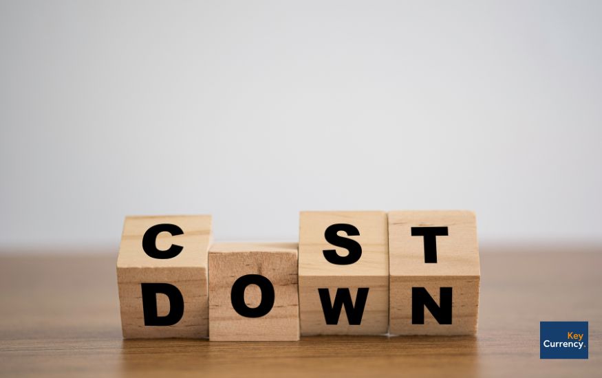 Letter building blocks that spell the words 'Cost Down' placed on a table in front of a plain background. 