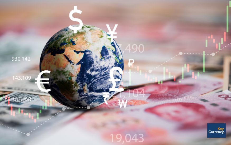 The earth with various currency symbols floating around it. The earth is placed on different currency notes and there are overlays of graphs and charts to show exchange rate fluctuations.