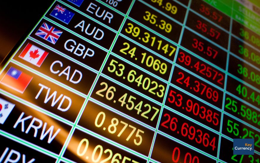 A close up photo of a foreign exchange rate board showing multiple different currencies and their rates.