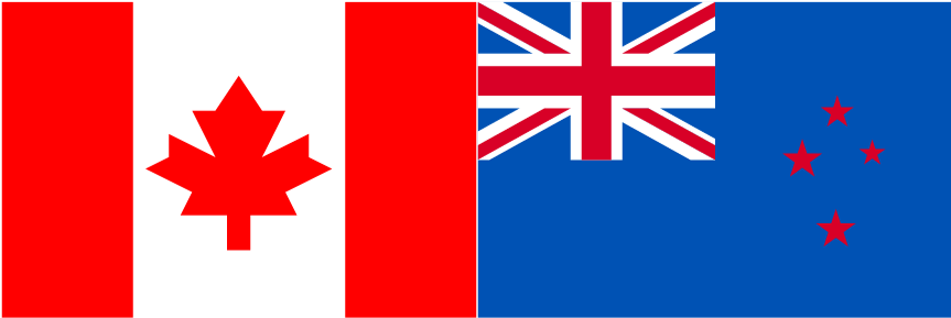 Canada flag and New Zealand flag side by side. 