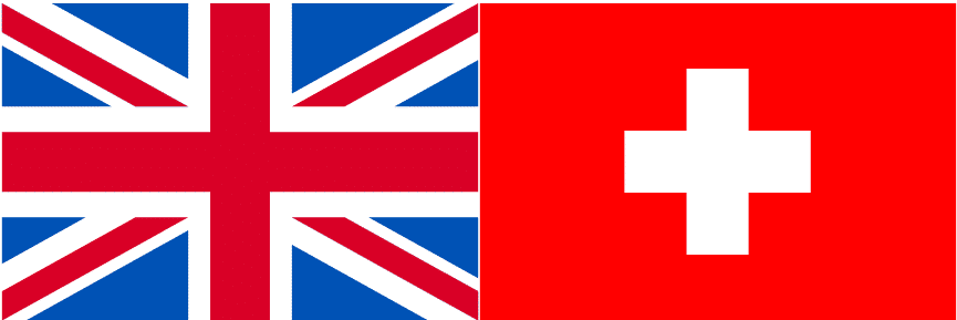 Flags of Great Britain and Switzerland side by side. 