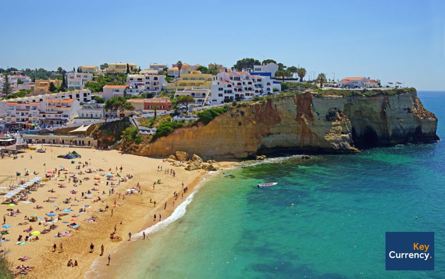 Photograph overlooking a beach in the Algarve, Portugal on a warm sunny day. 