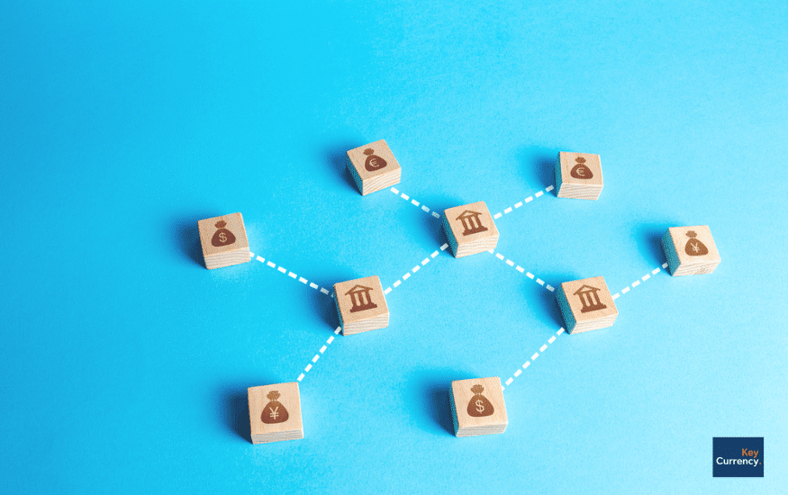 Blue background with numerous wooden tiles connected by dotted lines. Each wooden tile has different currency symbols and bank icons.