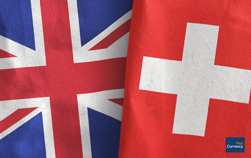 UK and Swiss flag side by side. 