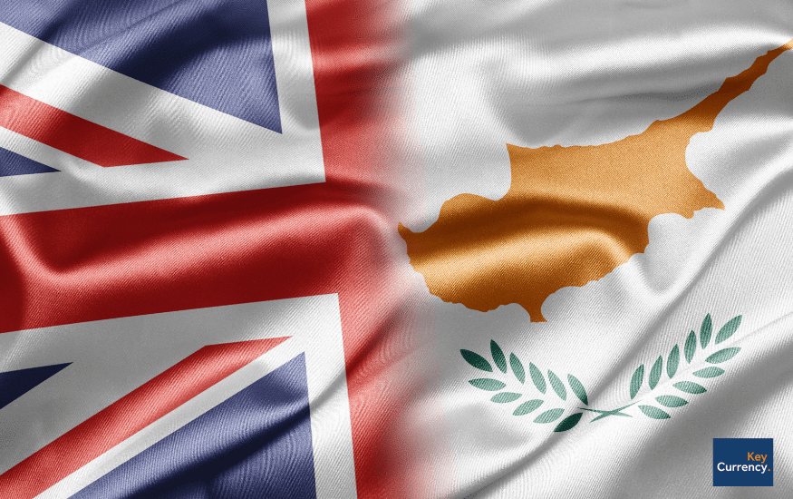 Graphic of the UK flag and flag of Cyprus flowing together. 